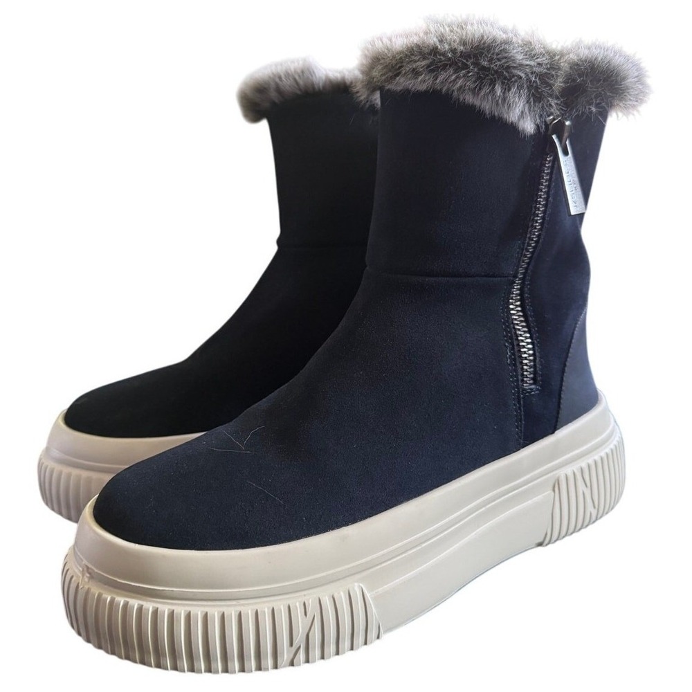 J/Slides NYC Platform Boots 6.5 Navy‎ Faux Fur Trim Side Zip Chunky Gorpcore